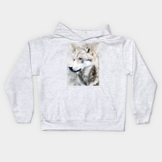 Dramabite Watercolor wolf wolves grey artsy artistic painting wildlife Kids Hoodie by dramabite